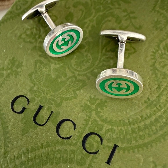 Gucci 681283 Silver Cufflinks with Green GG inlay, with box - Picture 1 of 9
